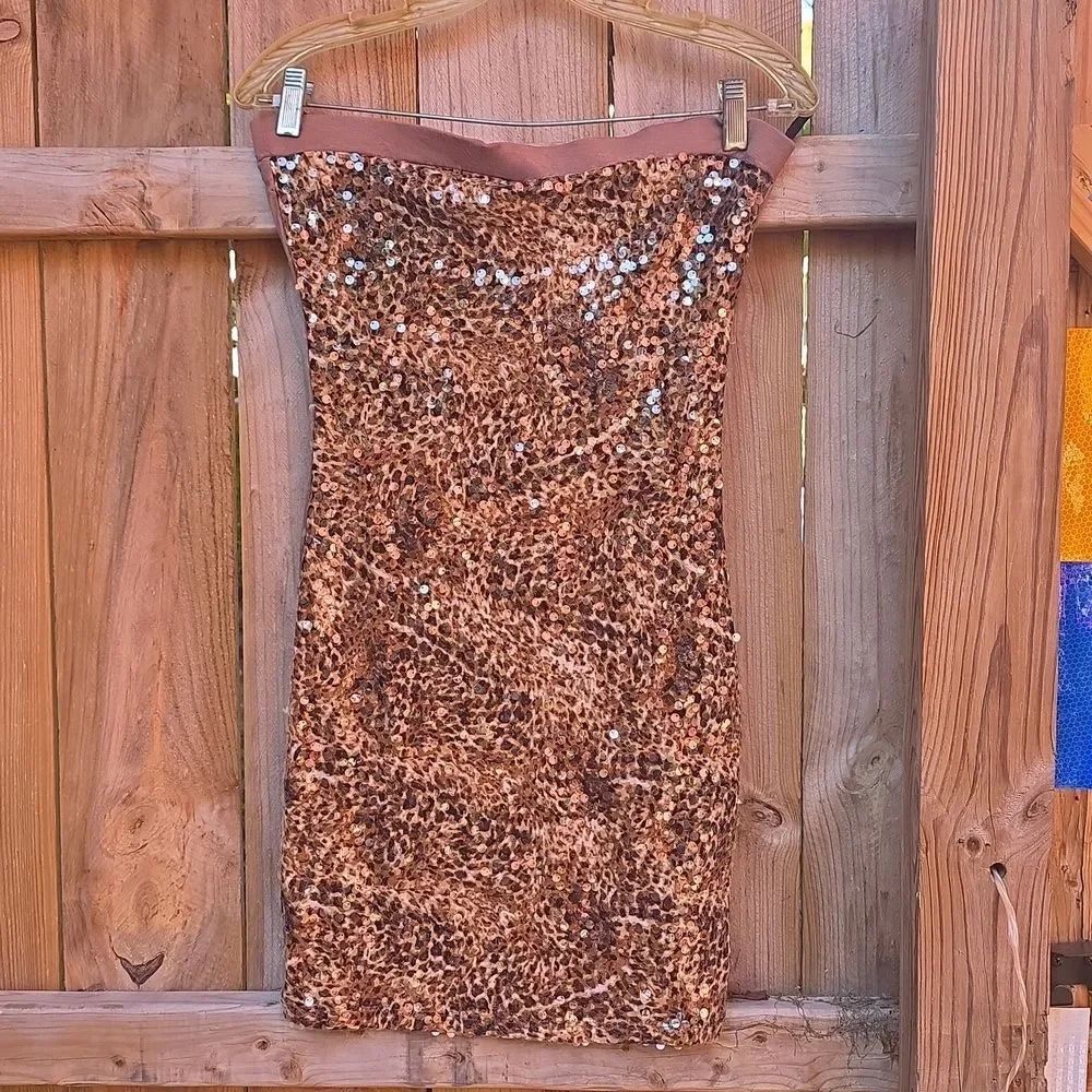 Leopard Print Sequin Strapless Dress